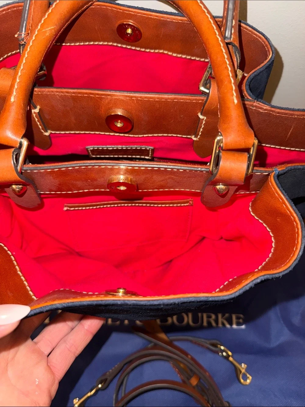 Dooney & Bourke Black Suede Satchel with Brown Leather Trim